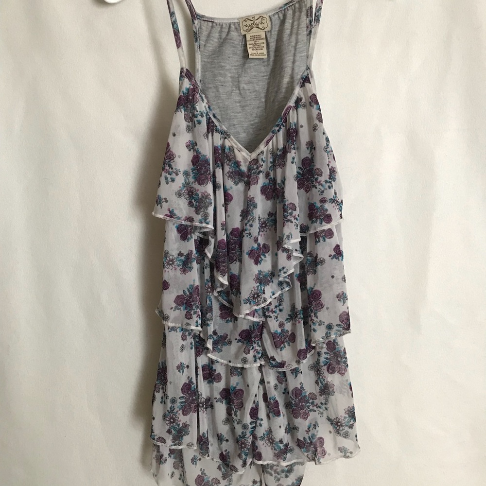 Floral Tiered Ruffle Tank Top Blouse - Grey - L